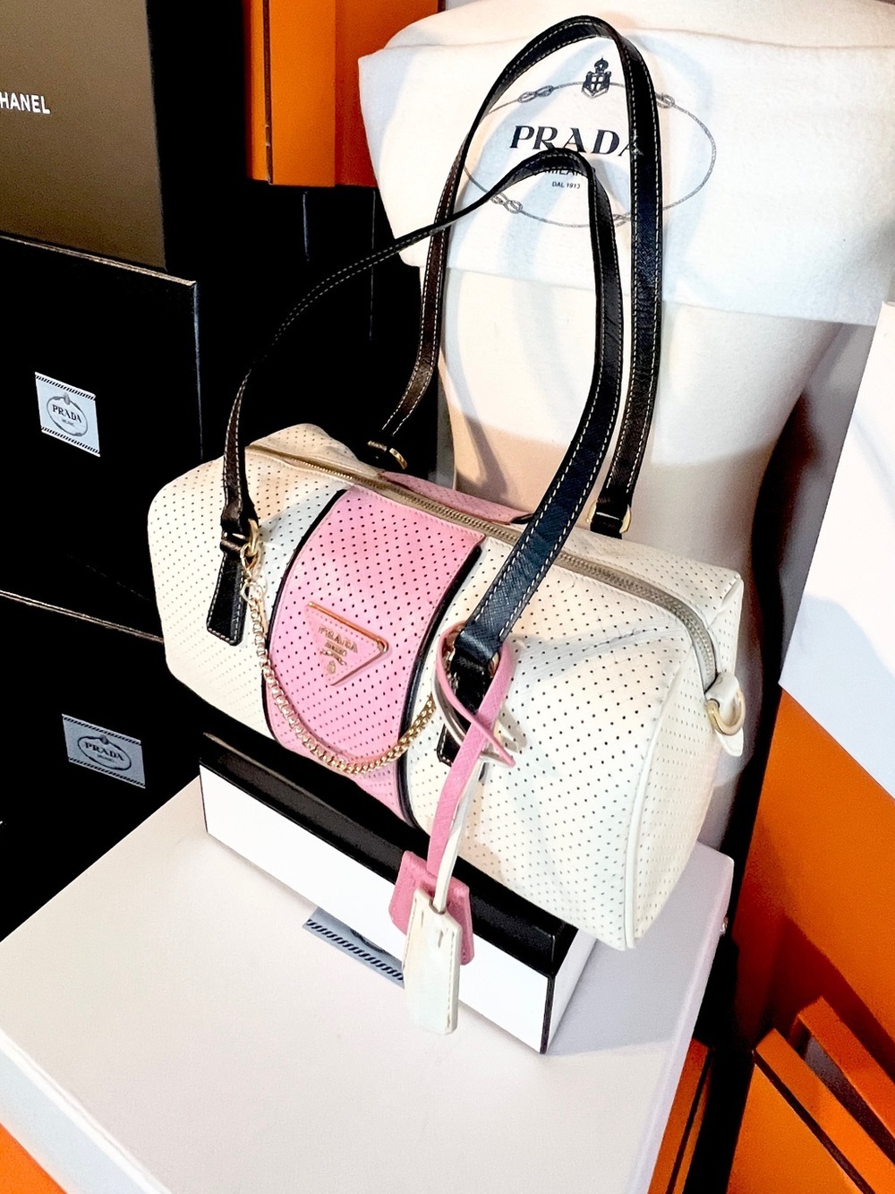 Prada⭐️Black & Pink Perforated Vitello Drive Leather Bowling Bag! Offers welcome